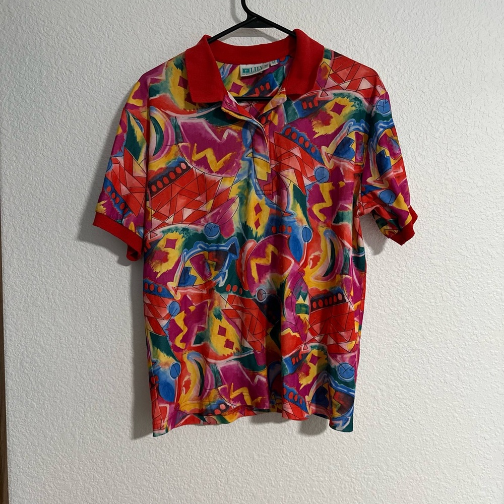 Vintage Y2K Lily's Of Beverly Hills Womens M Red All Over Graphic Pattern Polo